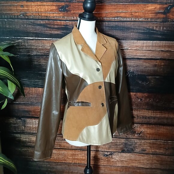 RAVE Vintage Jacket M Patchwork Vegan Faux Leather Lined Button Front - Picture 5 of 13